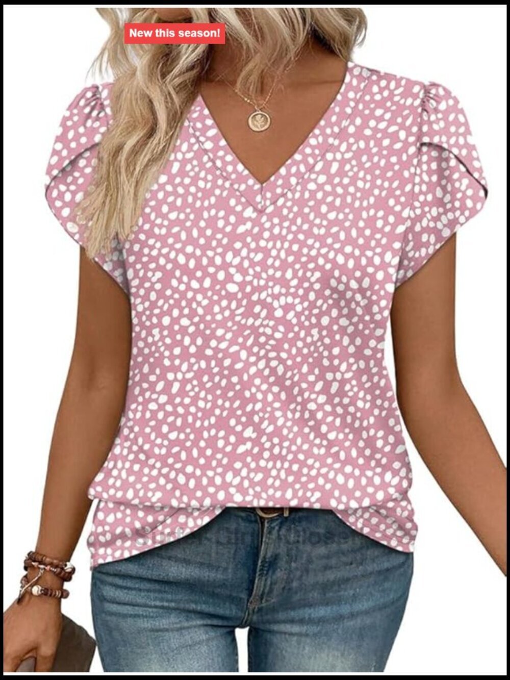 V Neck Petal Sleeve Blouse Dressy Casual Work Top Polyester Spandex